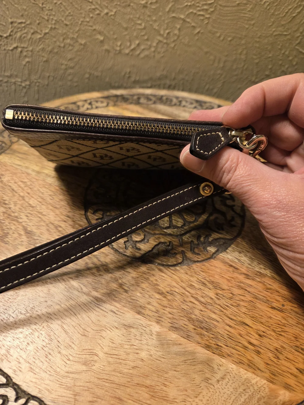 Dooney & Bourke Monogram Brown Canvas Wristlet Pouch